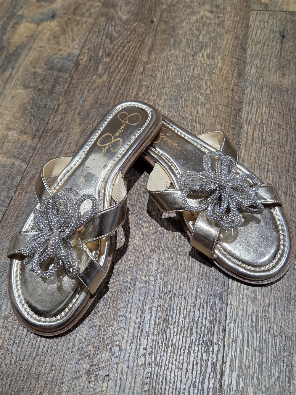 Jessica Simpson Metallic Gold Crystal Bow Slide Sandals